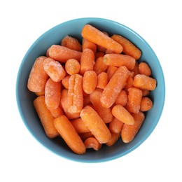 Photo of Frozen baby carrots in bowl isolated on white, top view