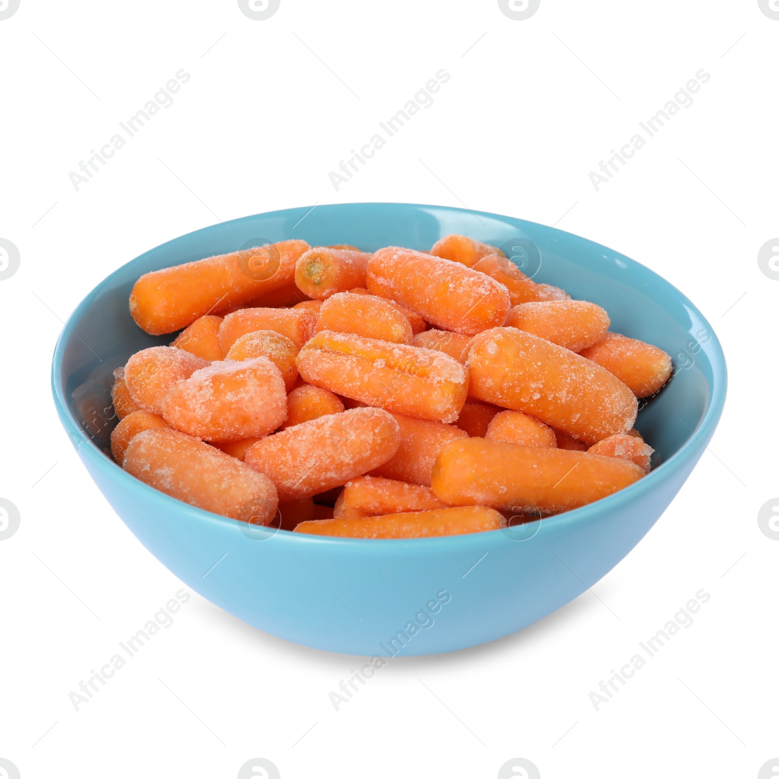 Photo of Frozen baby carrots in bowl isolated on white