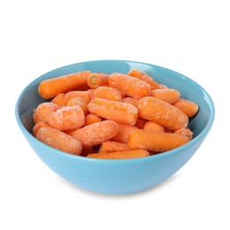 Photo of Frozen baby carrots in bowl isolated on white