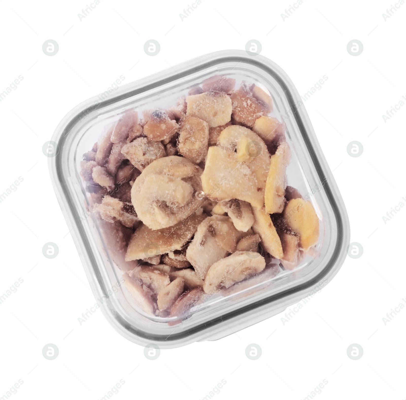 Photo of Pieces of frozen mushrooms in container isolated on white, top view