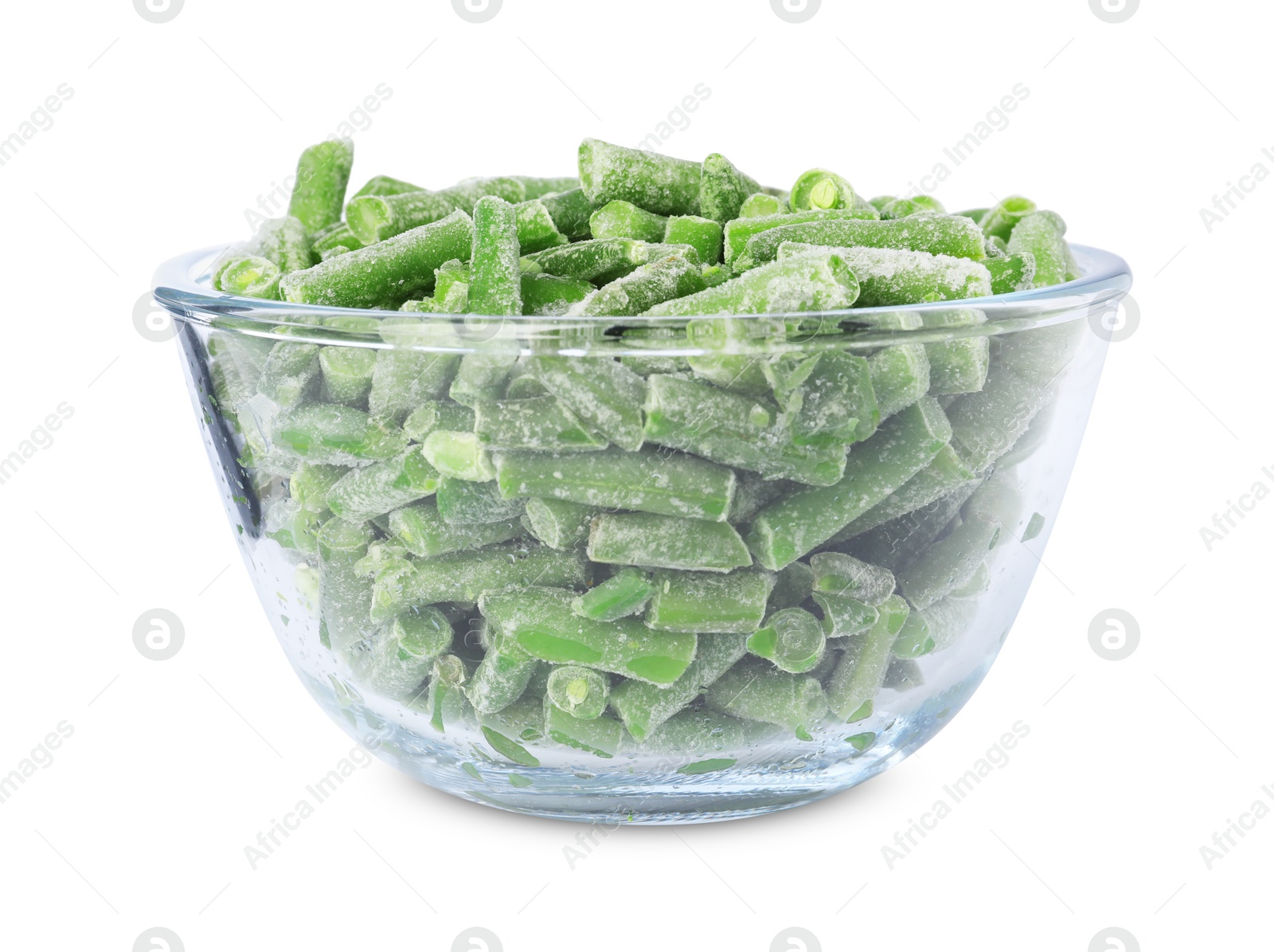 Photo of Frozen green beans in bowl isolated on white