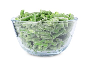 Photo of Frozen green beans in bowl isolated on white