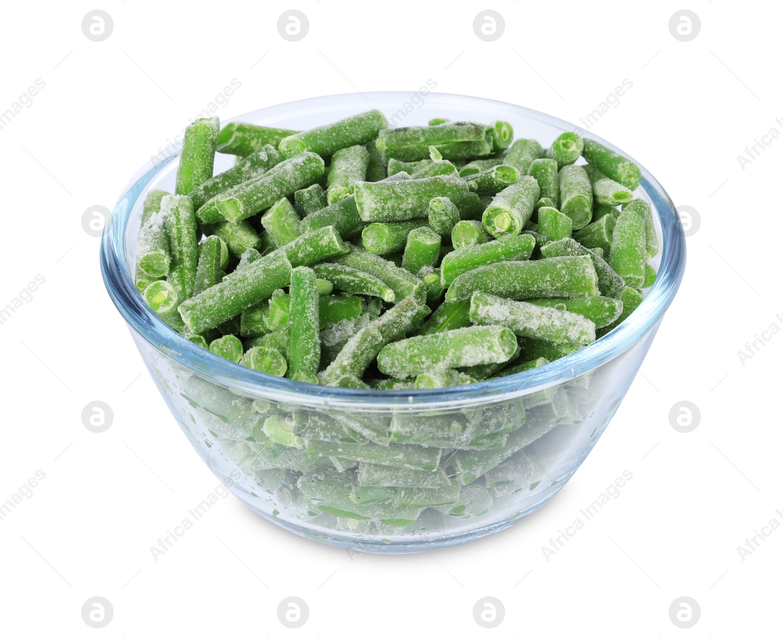 Photo of Frozen green beans in bowl isolated on white