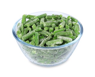 Photo of Frozen green beans in bowl isolated on white