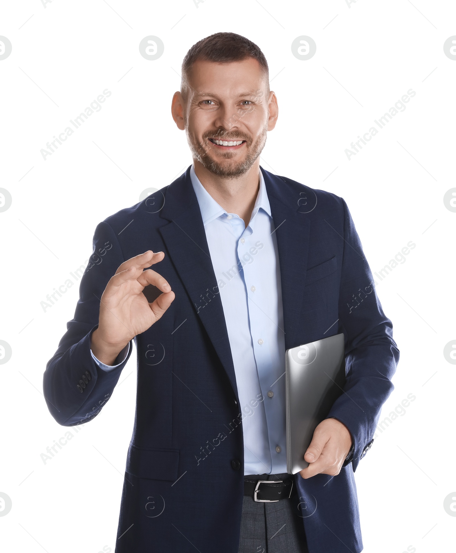 Photo of Banker with laptop showing ok gesture on white background