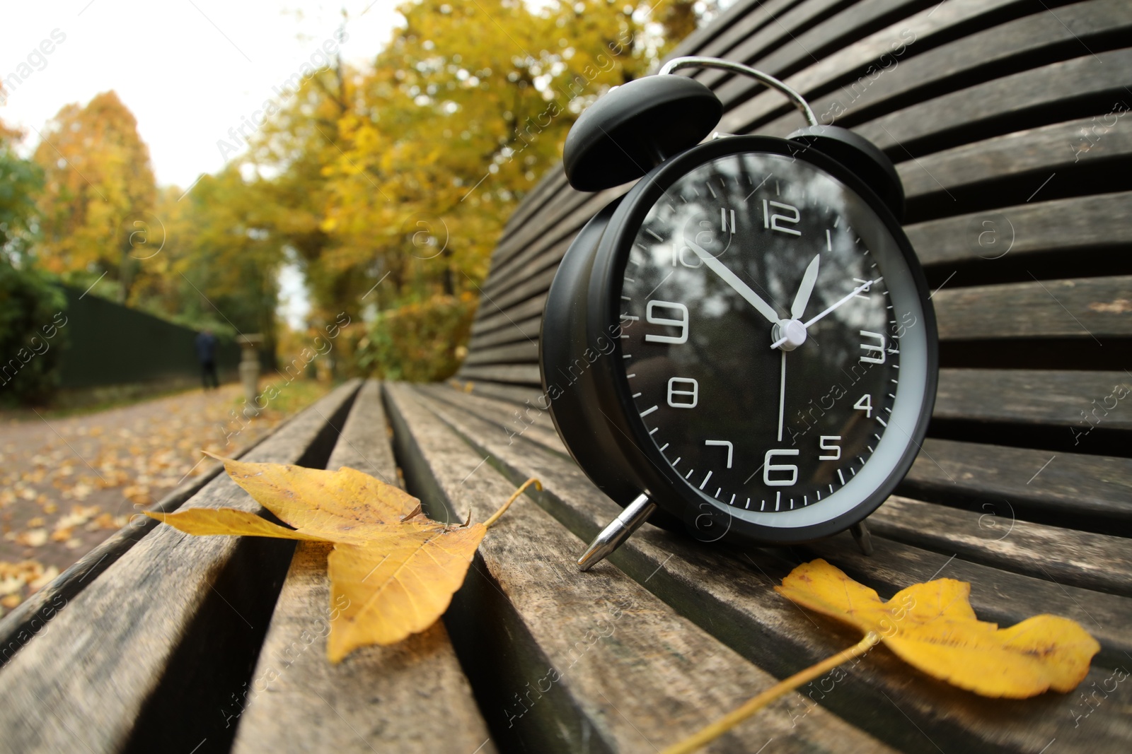 Photo of Autumn time. Alarm clock and fallen leaves on bench in park, wide angle lens