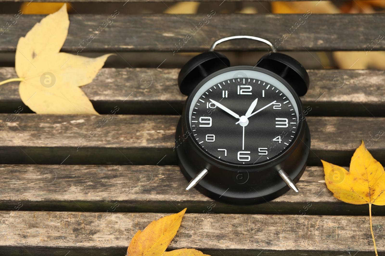 Photo of Autumn time. Alarm clock on bench in park, closeup