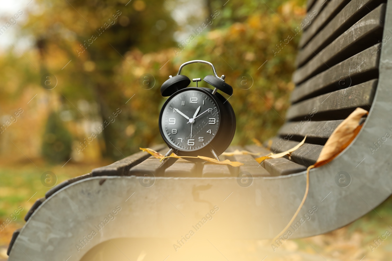 Photo of Autumn time. Alarm clock on bench in park