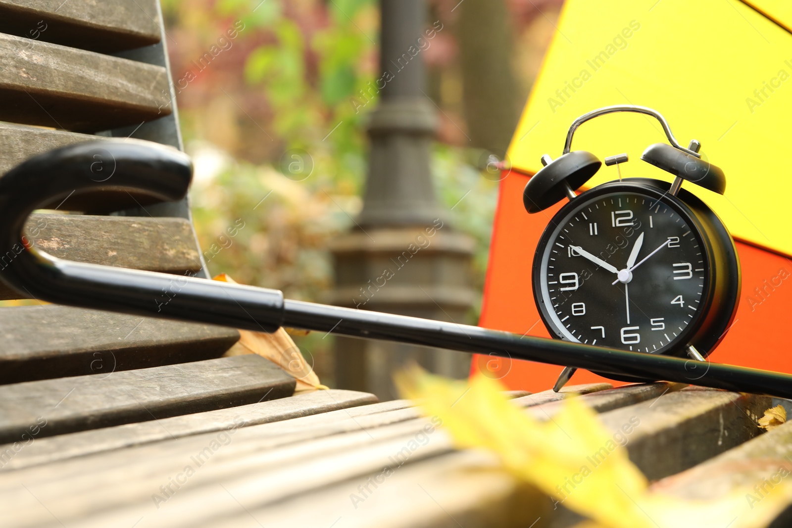 Photo of Autumn time. Alarm clock and umbrella on bench in park