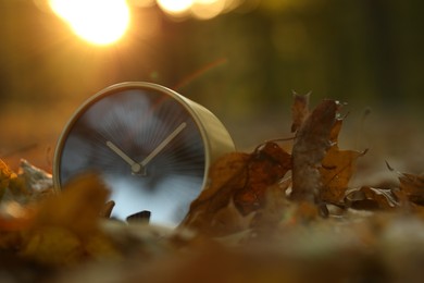 Photo of Autumn time. Alarm clock on fallen leaves outdoors, closeup with space for text