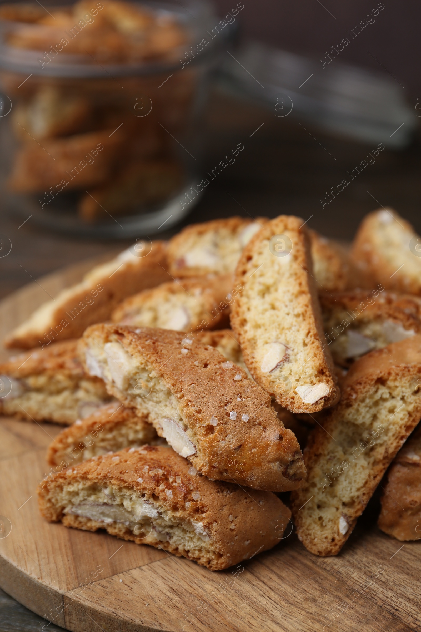 Photo of Traditional Italian almond biscuits (Cantucci) on table, closeup