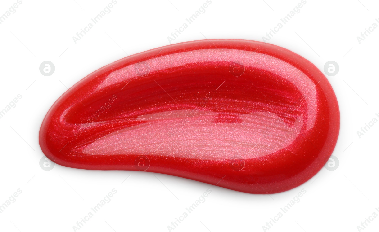 Photo of Red lip gloss isolated on white, top view. Sample of cosmetic product