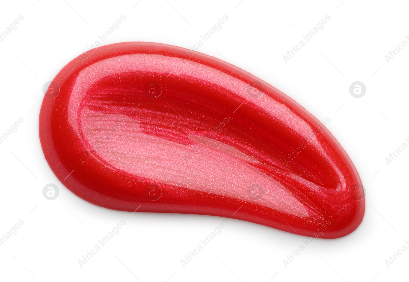 Photo of Red lip gloss isolated on white, top view. Sample of cosmetic product