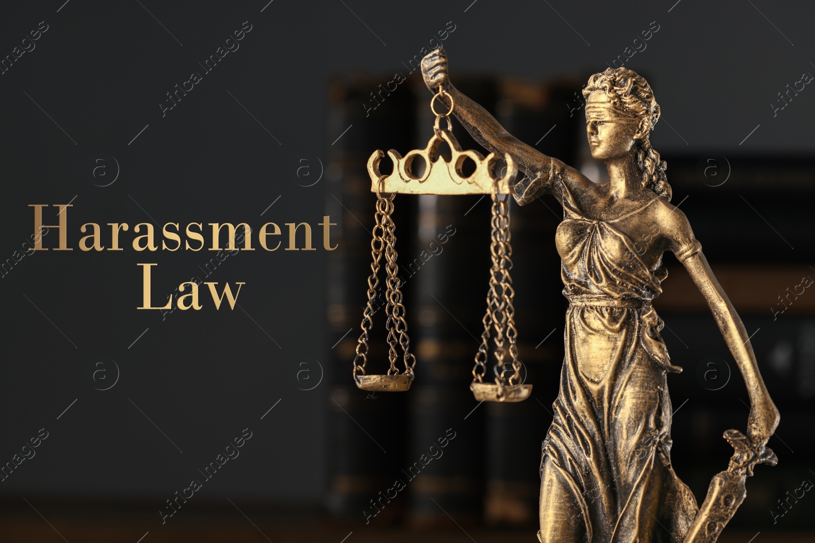 Image of Harassment law. Statue of Lady Justice and books on dark background