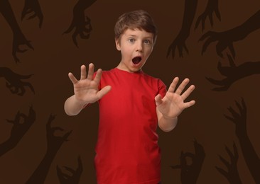 Teraphobia - fear of monsters. Scared boy and silhouettes of creepy hands near him. Brown background