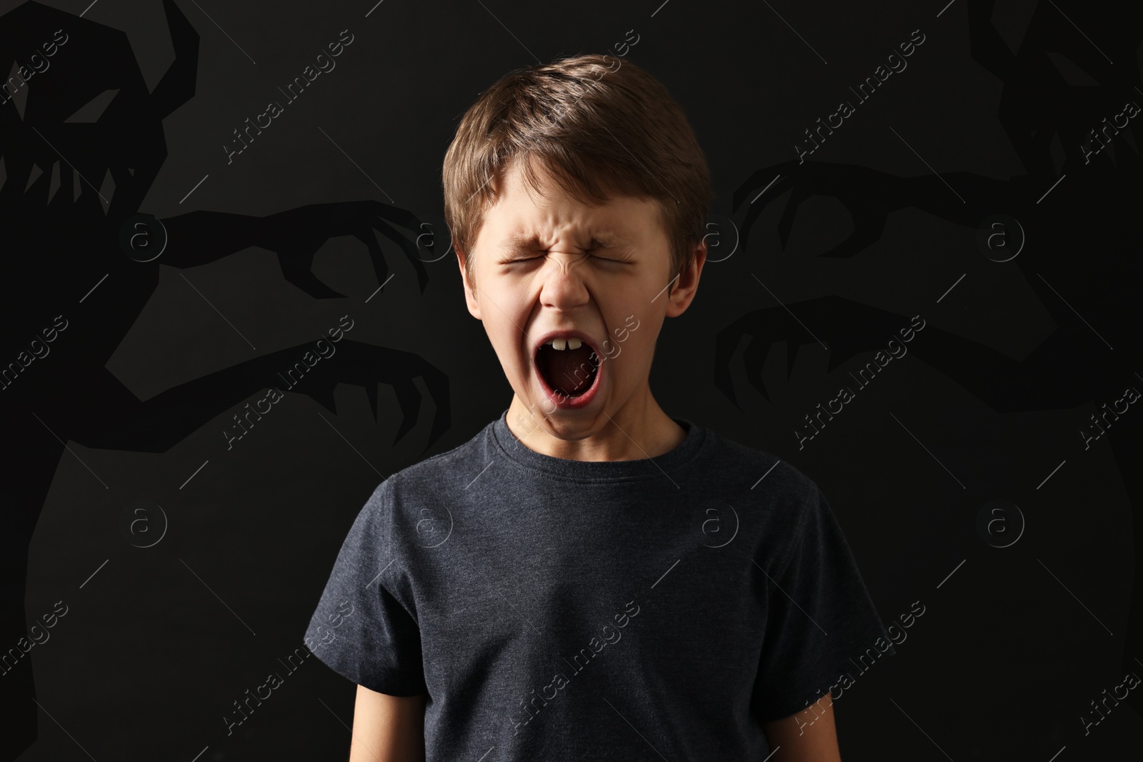 Illustration of Scared by monsters, boy screaming, teraphobia. Creepy shadows behind him