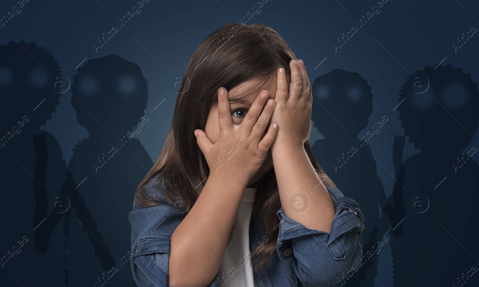 Illustration of Frightened by monsters, girl covering her eyes, teraphobia. Creepy shadows behind her