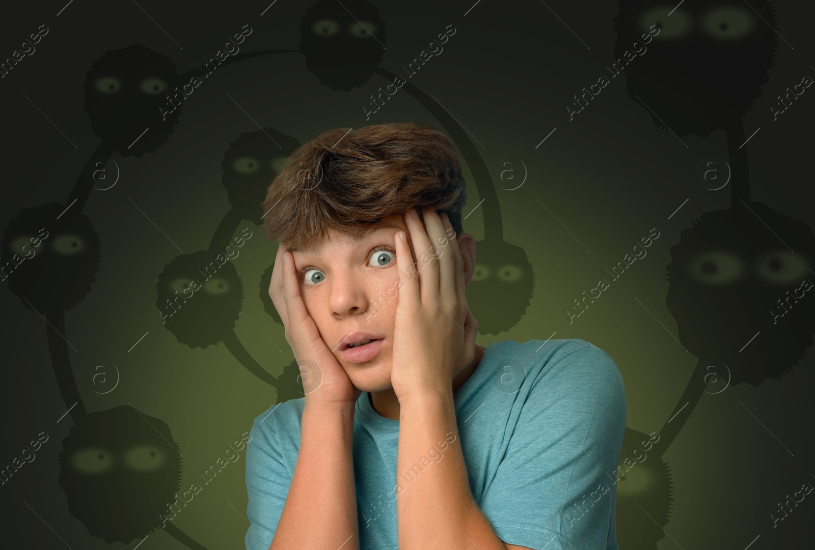 Illustration of Boy scared of monsters, teraphobia. Creepy shadows behind him