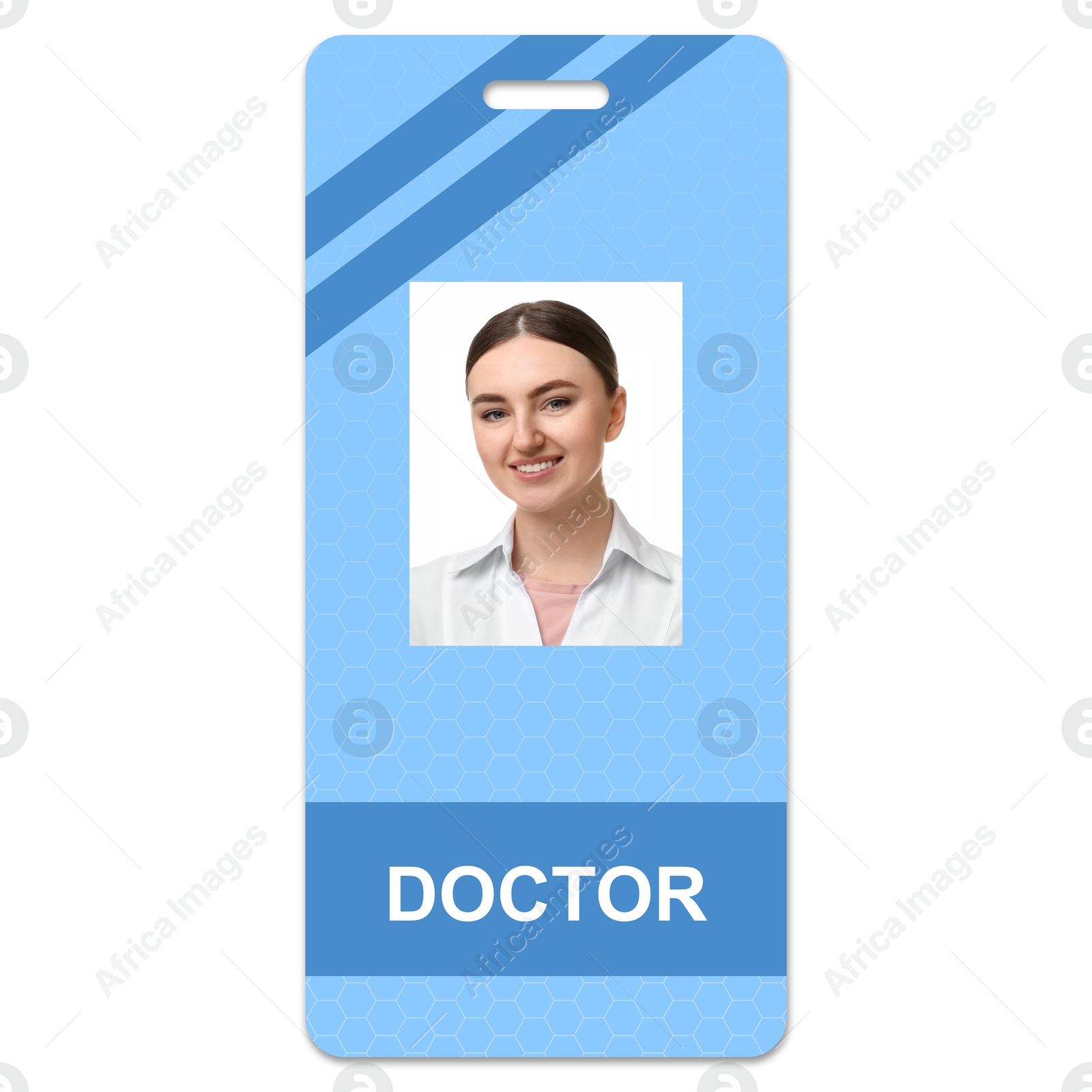 Image of Doctor's badge with photo of woman on white background