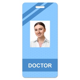 Doctor's badge with photo of woman on white background