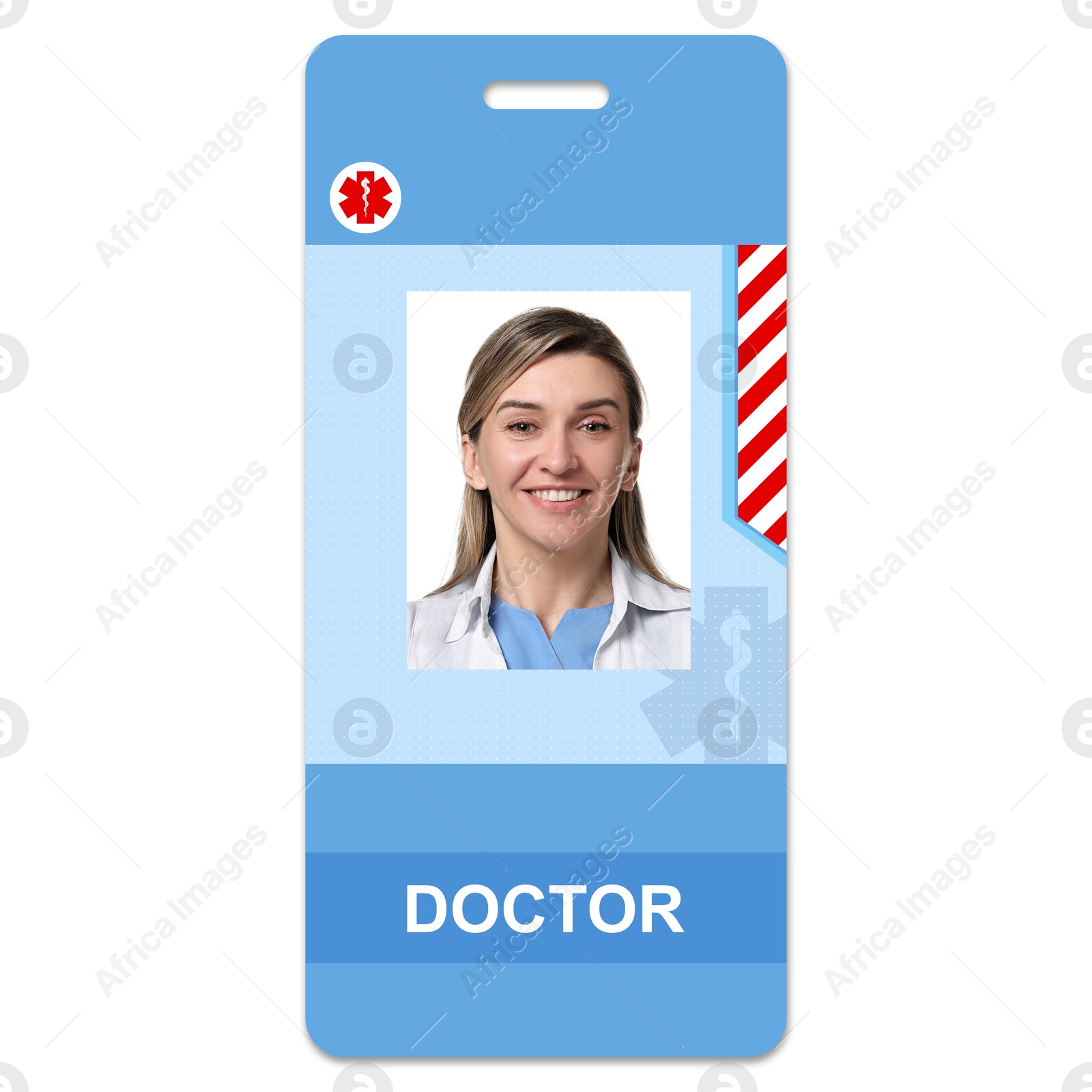 Image of Doctor's badge with photo of woman on white background