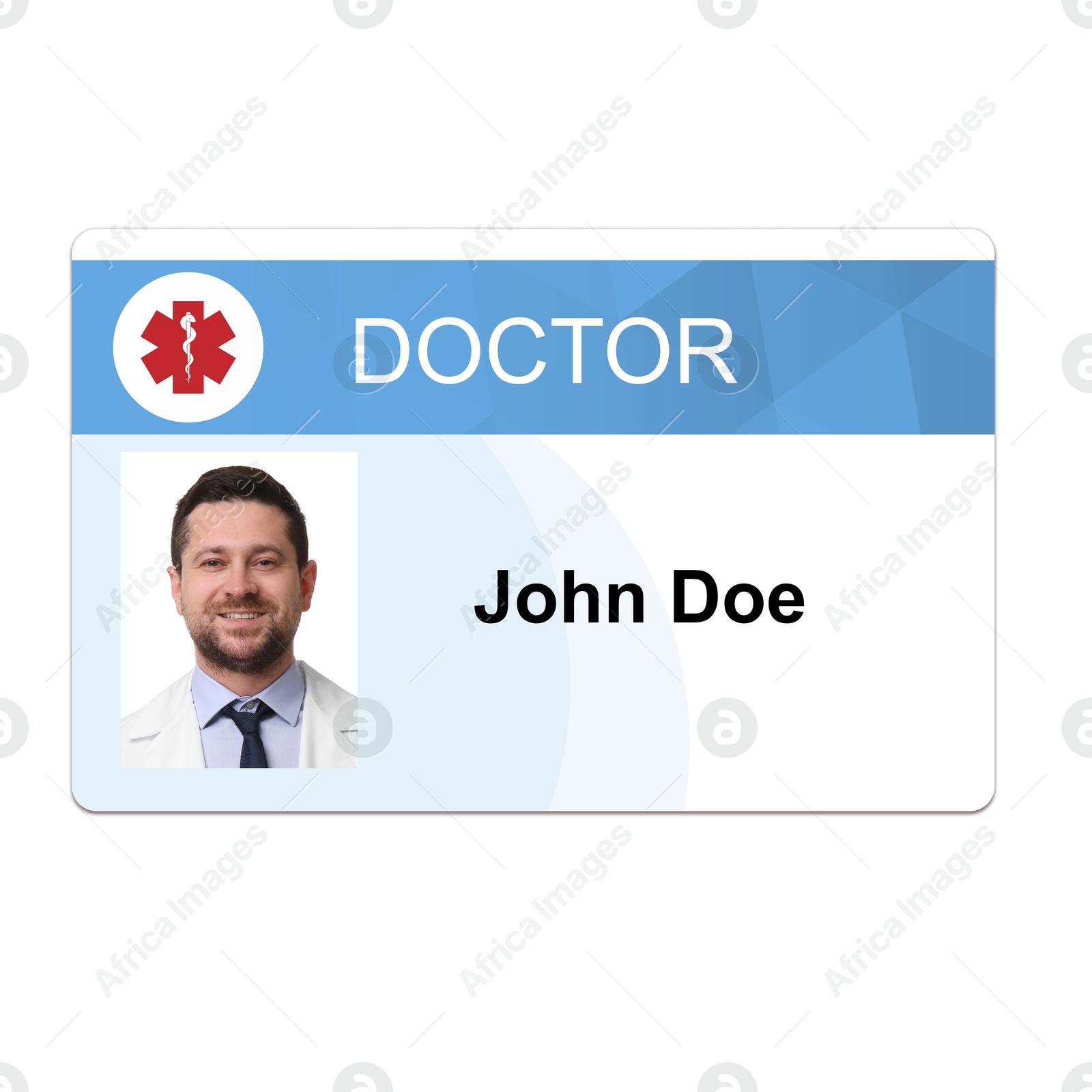 Image of Doctor's badge with photo of man on white background