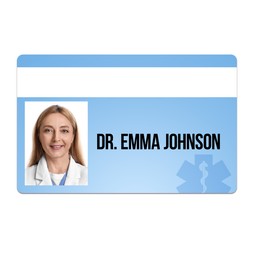 Image of Doctor's badge with photo of woman on white background