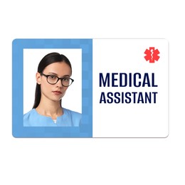 Medical assistant badge with photo of woman on white background