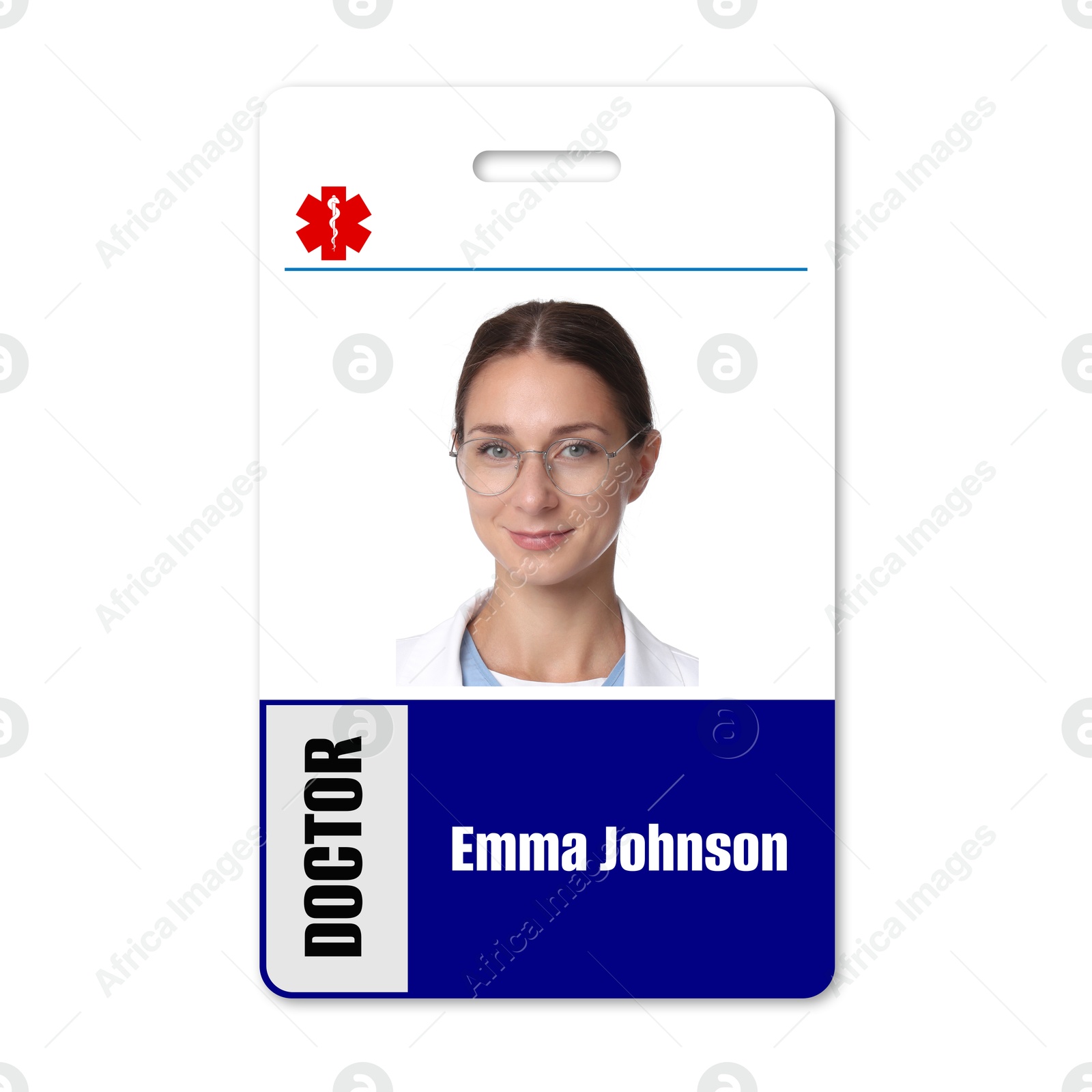 Image of Doctor's badge with photo of woman on white background