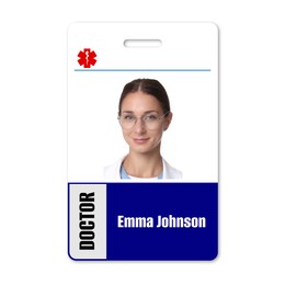 Image of Doctor's badge with photo of woman on white background