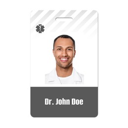 Image of Doctor's badge with photo of man on white background