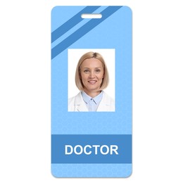 Image of Doctor's badge with photo of woman on white background