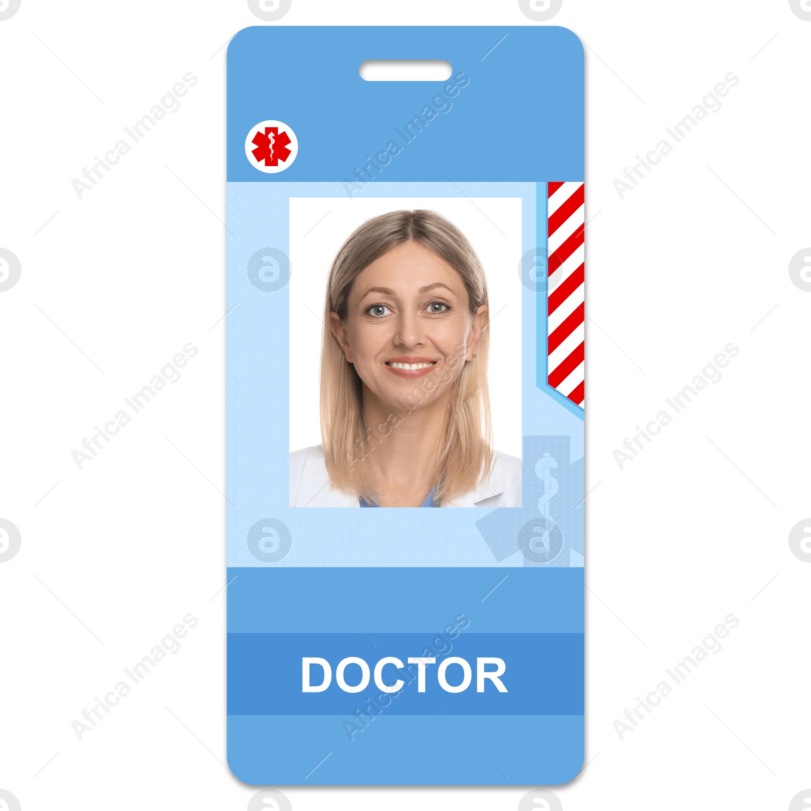 Image of Doctor's badge with photo of woman on white background