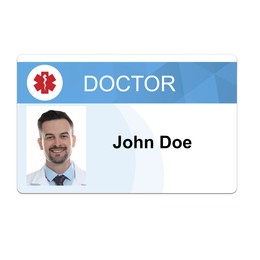 Image of Doctor's badge with photo of man on white background