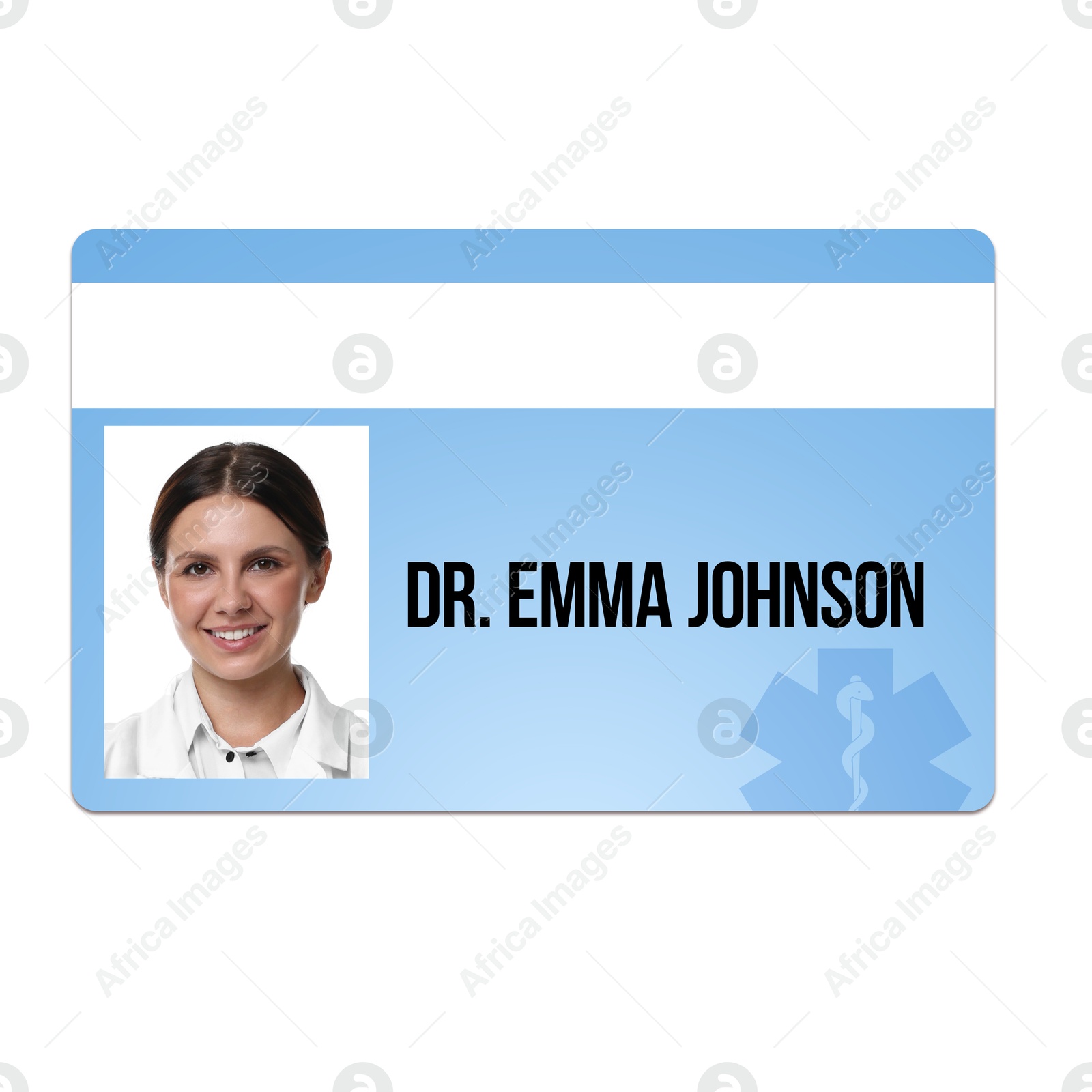 Image of Doctor's badge with photo of woman on white background