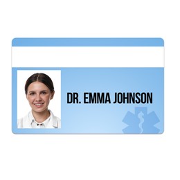 Image of Doctor's badge with photo of woman on white background