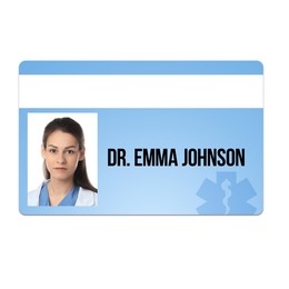 Doctor's badge with photo of woman on white background