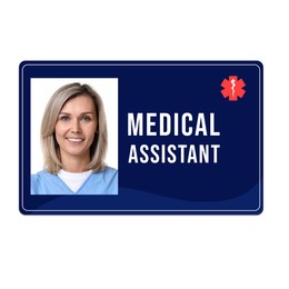 Medical assistant badge with photo of woman on white background