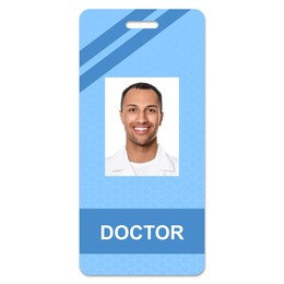 Image of Doctor's badge with photo of man on white background