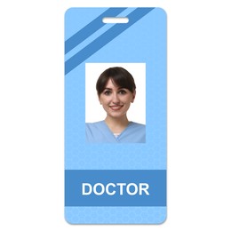 Image of Doctor's badge with photo of woman on white background