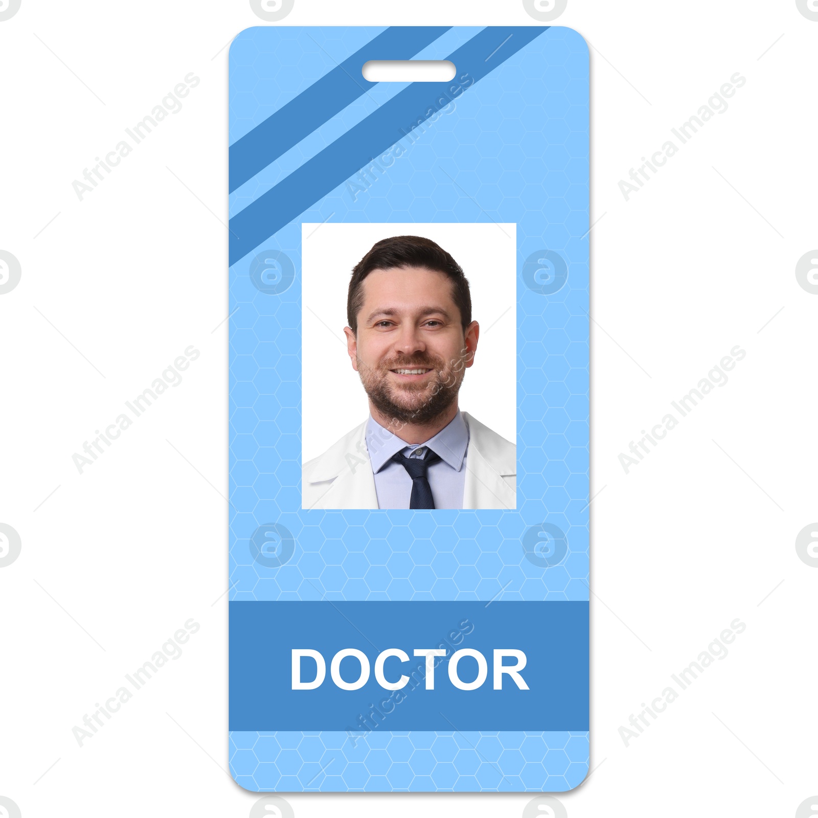 Image of Doctor's badge with photo of man on white background