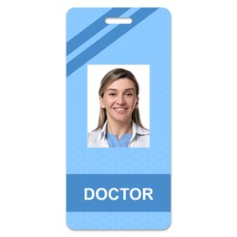 Image of Doctor's badge with photo of woman on white background