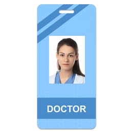 Image of Doctor's badge with photo of woman on white background