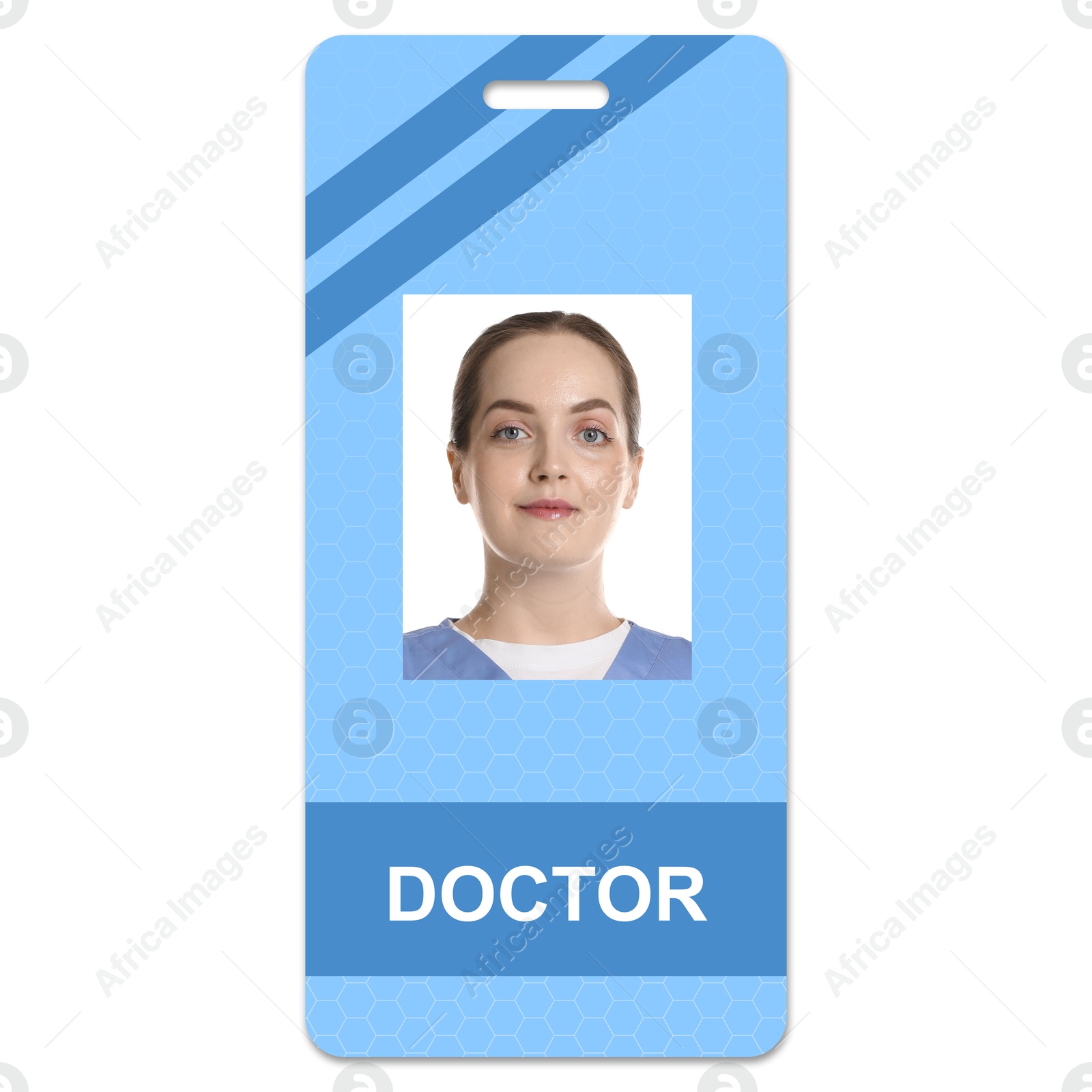 Image of Doctor's badge with photo of woman on white background