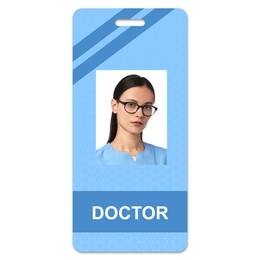 Doctor's badge with photo of woman on white background