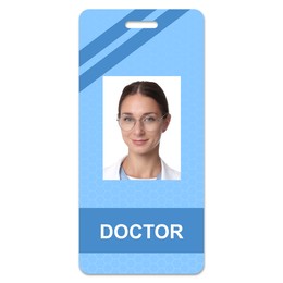 Image of Doctor's badge with photo of woman on white background