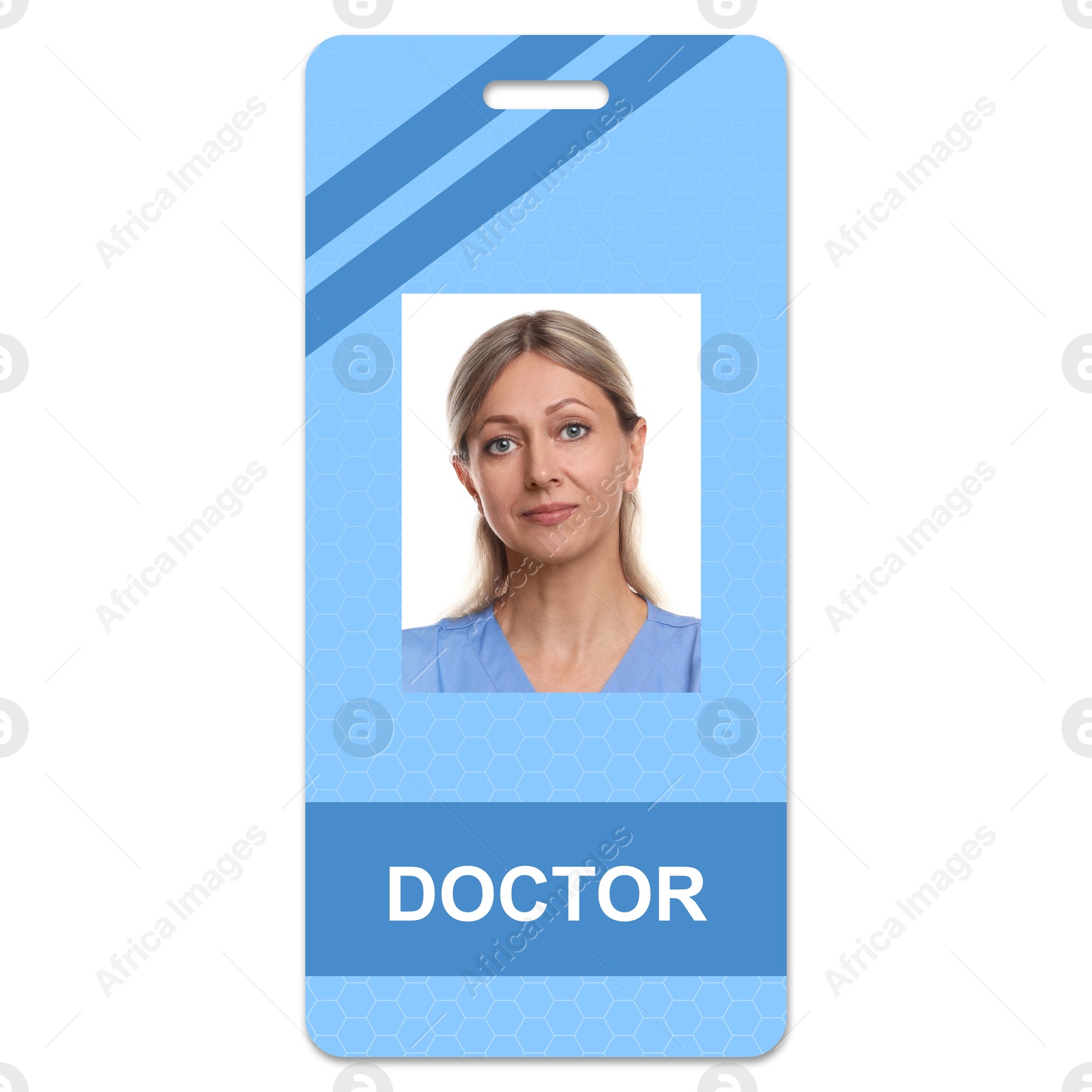 Image of Doctor's badge with photo of woman on white background