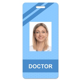 Image of Doctor's badge with photo of woman on white background