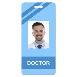 Image of Doctor's badge with photo of man on white background