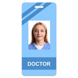 Image of Doctor's badge with photo of woman on white background